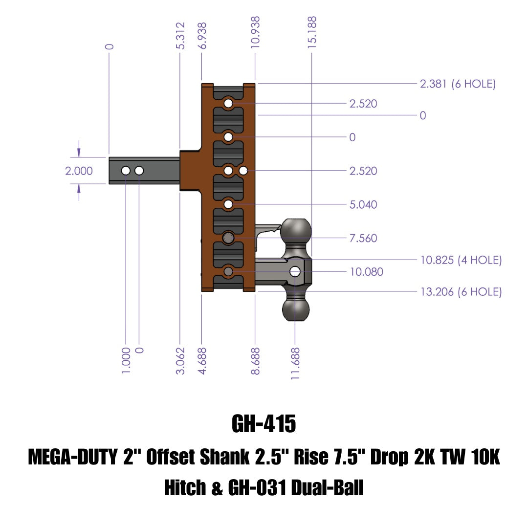 GEN-Y Hitch MEGA-DUTY 2" Offset Shank 2.5" Rise 7.5" Drop 2K TW 10K Hitch & GH-031 Dual-Ball