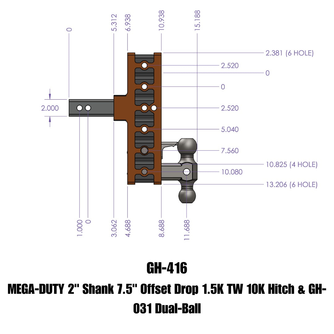 GEN-Y Hitch MEGA-DUTY 2" Offset Shank 5" Rise,7.5" Drop 1.5K TW 10K Hitch & GH-031 Dual-Ball
