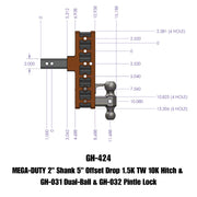 GEN-Y Hitch MEGA-DUTY 2" Offset Shank 2.5 Rise, 5" Drop 1.5K TW 10K Hitch & GH-031 Dual-Ball & GH-032 Pintle Lock