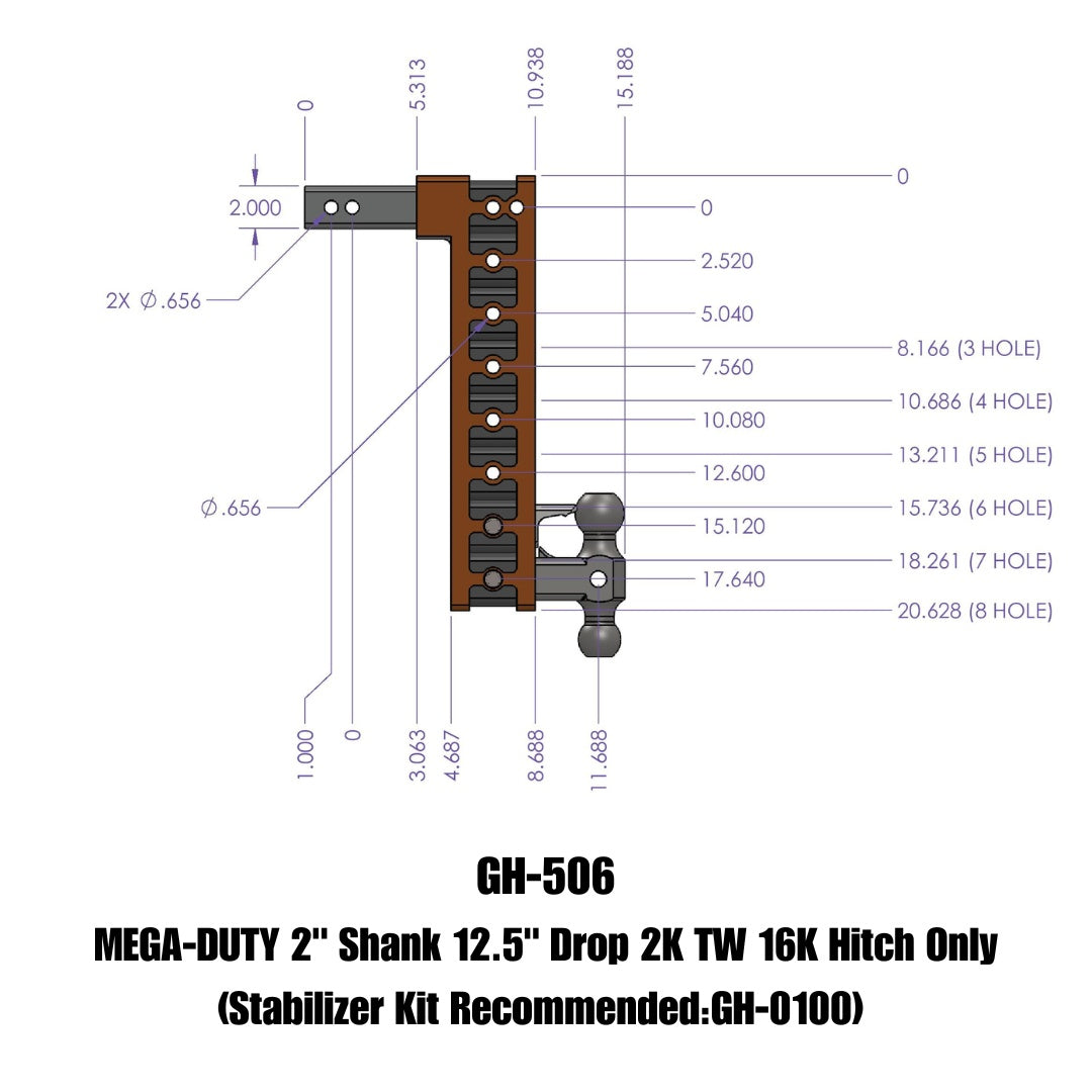 GEN-Y Hitch MEGA-DUTY 2" Shank 12.5" Drop 2K TW 16K Hitch Only (Stabilizer Kit Recommended:GH-0100)