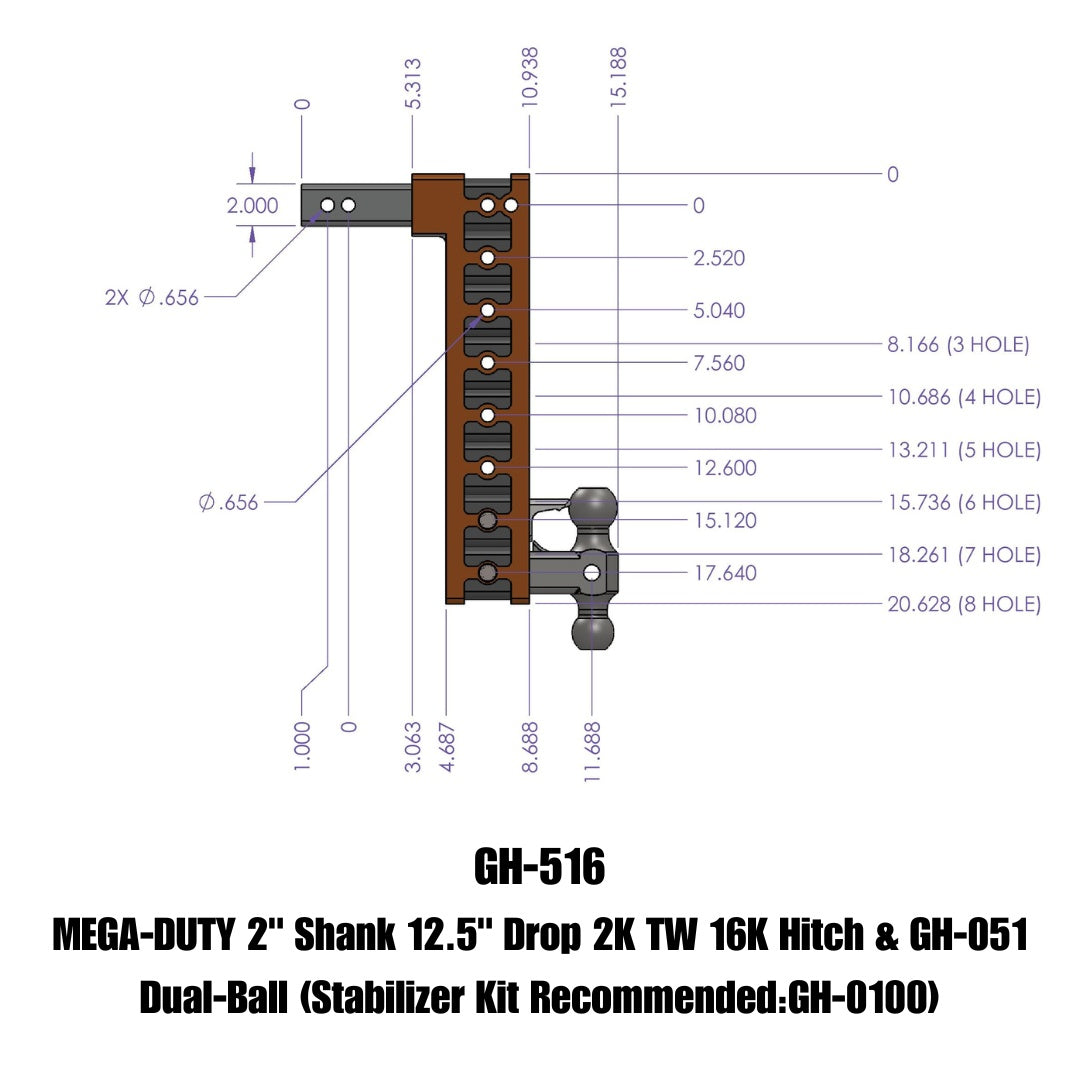 GEN-Y Hitch MEGA-DUTY 2" Shank 12.5" Drop 2K TW 16K Hitch & GH-051 Dual-Ball (Stabilizer Kit Recommended:GH-0100)