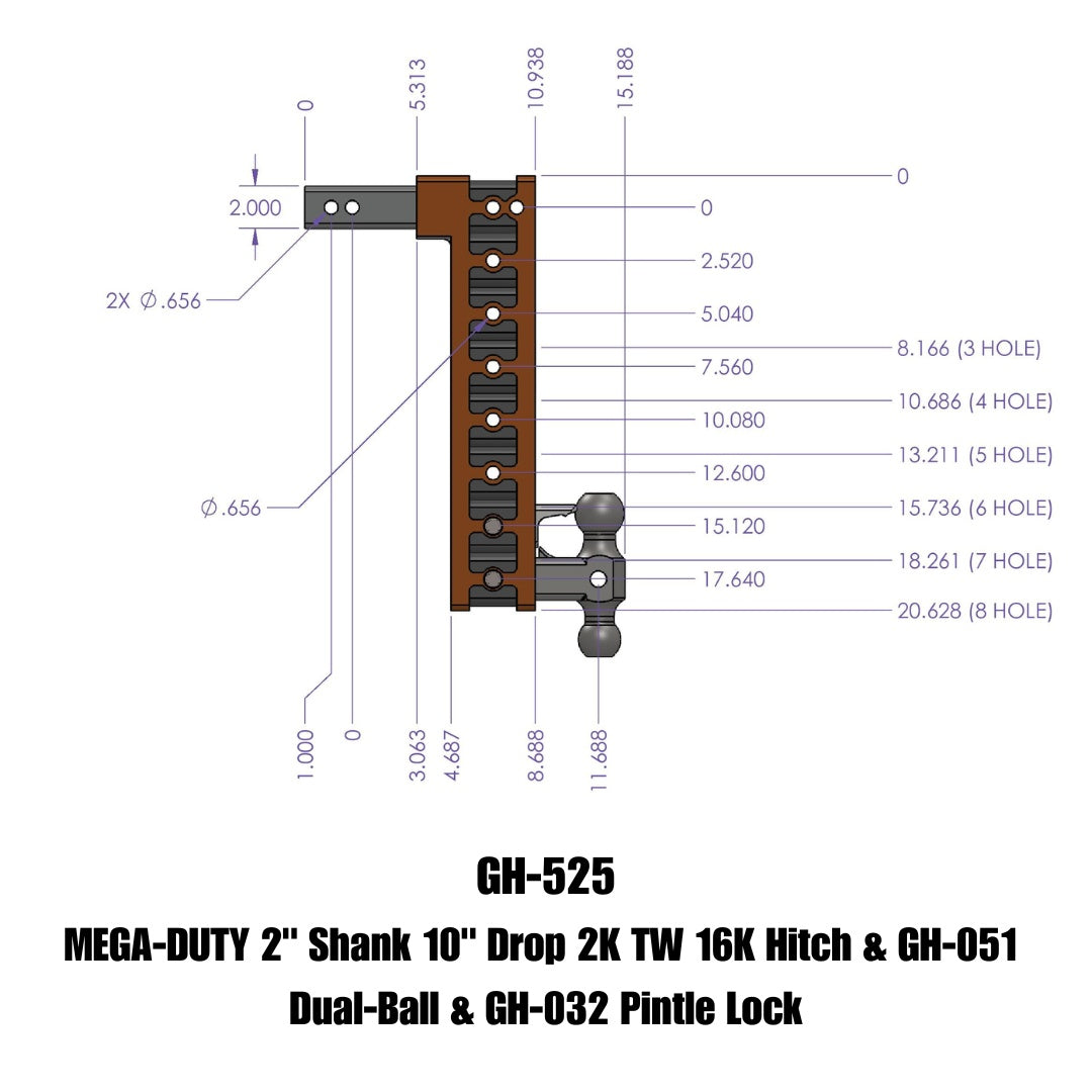 GEN-Y Hitch MEGA-DUTY 2" Shank 10" Drop 2K TW 16K Hitch & GH-051 Dual-Ball & GH-032 Pintle Lock