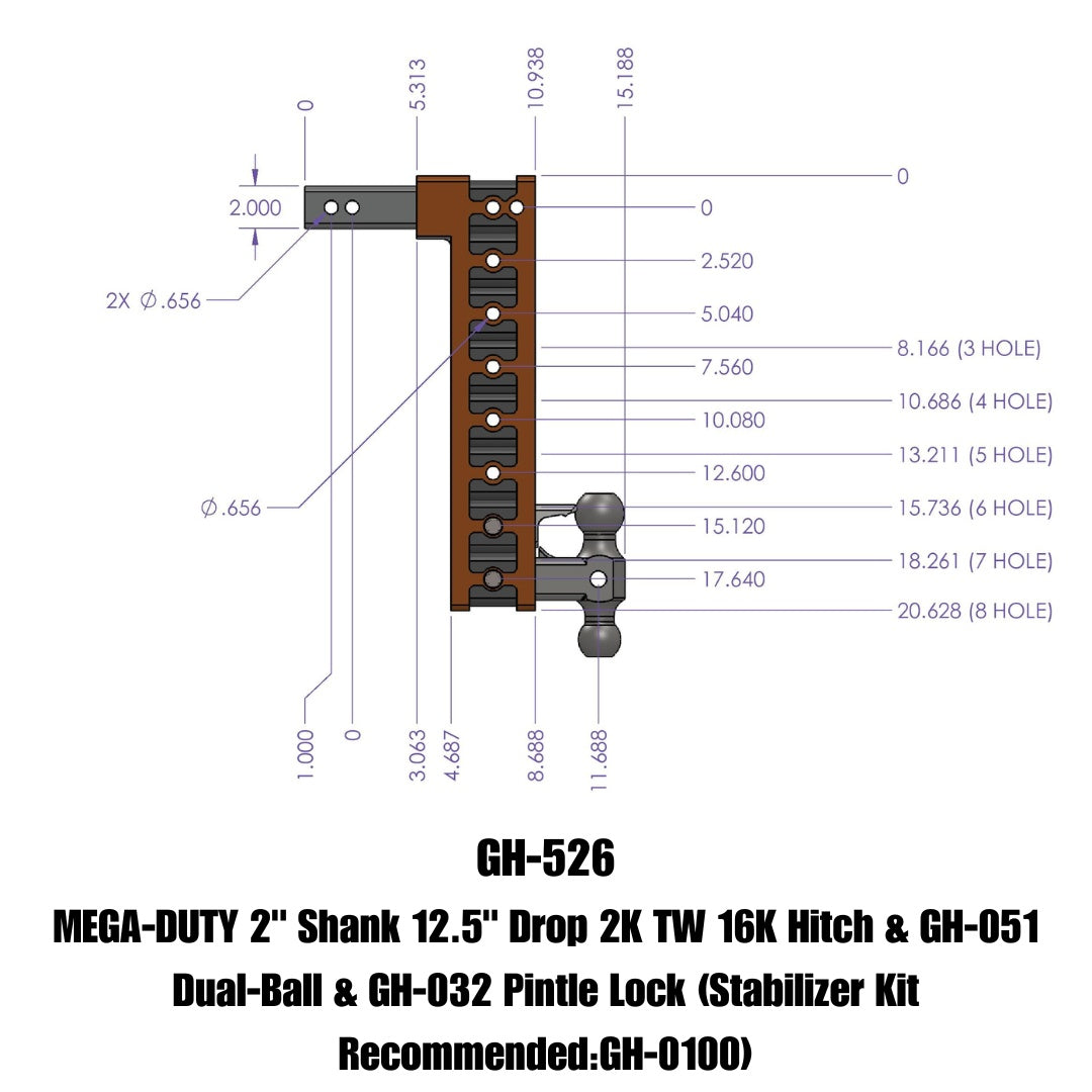GEN-Y Hitch MEGA-DUTY 2" Shank 12.5" Drop 2K TW 16K Hitch & GH-051 Dual-Ball & GH-032 Pintle Lock (Stabilizer Kit Recommended:GH-0100)