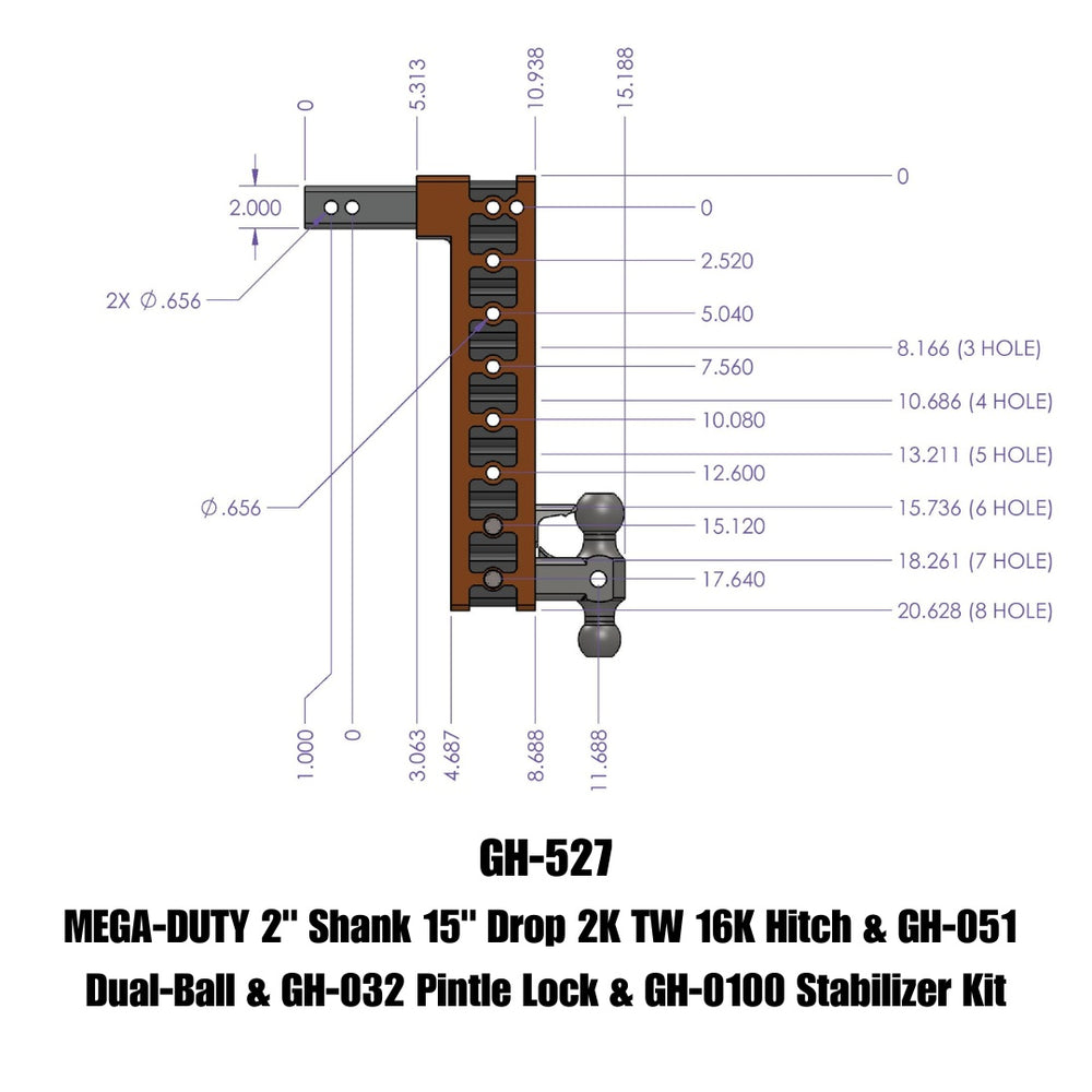 GEN-Y Hitch MEGA-DUTY 2" Shank 15" Drop 2K TW 16K Hitch & GH-051 Dual-Ball & GH-032 Pintle Lock & GH-0100 Stabilizer Kit
