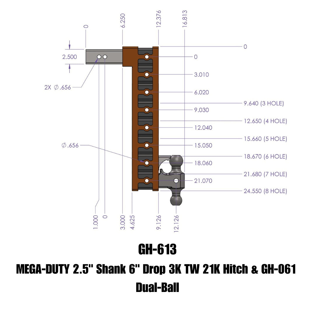 GEN-Y Hitch MEGA-DUTY 2.5" Shank 6" Drop 3K TW 21K Hitch & GH-061 Dual-Ball