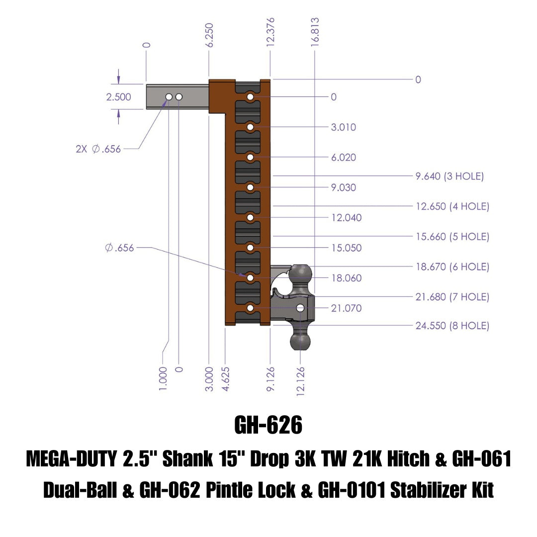 GEN-Y Hitch MEGA-DUTY 2.5" Shank 15" Drop 3K TW 21K Hitch & GH-061 Dual-Ball & GH-062 Pintle Lock & GH-0101 Stabilizer Kit