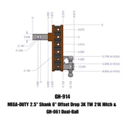 GEN-Y Hitch MEGA-DUTY 2.5" Offset Shank 3" Rise, 6" Drop 3K TW 21K Hitch & GH-061 Dual-Ball
